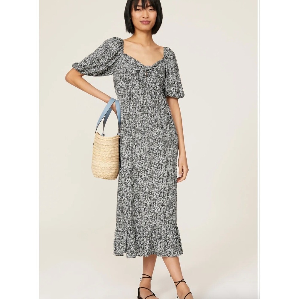 Slate & Willow Dress Womens Small Black White Midi Ditsy Floral Puff Sleeve
